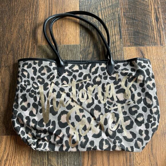 Victoria’s Secret Leopard Print Tote Bag Gold Script Logo Large Shoulder Bag - Picture 1 of 7